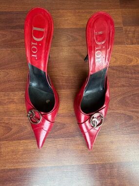 Christian Dior by John Galliano 2000's Red Leather "Dior" Diva Mule Heels EU 41